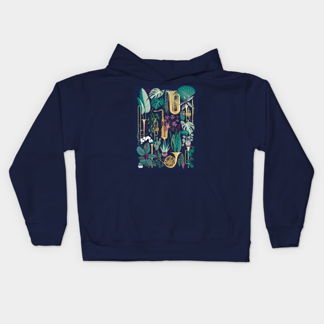 Music to my eyes - oxford navy blue background gold textured musical instruments green indoor plants pink music notes Kids Hoodie by SelmaCardoso